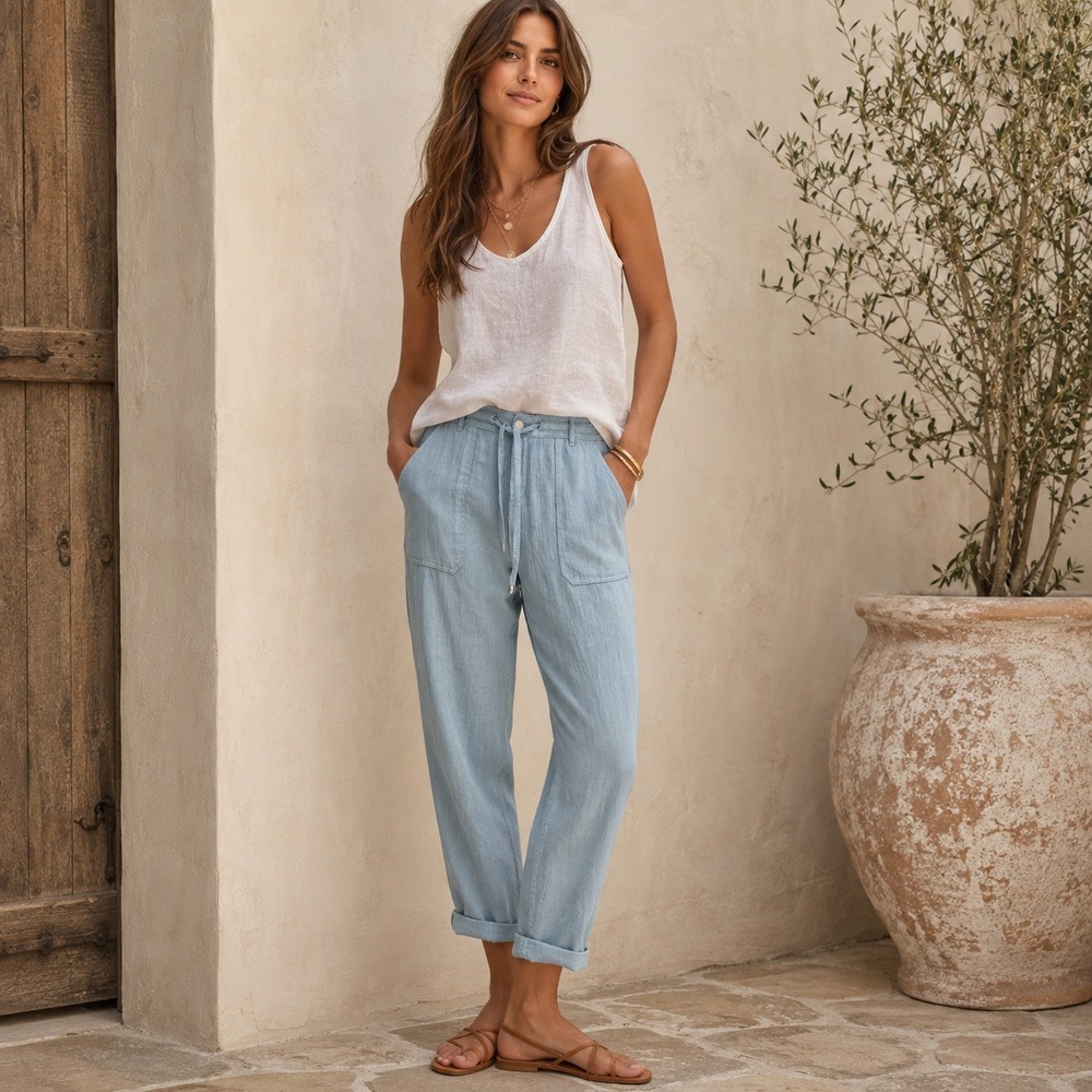 F&F 100% Linen Blue Casual Tapered Ankle Pants Drawstring Pockets Womens US 8R